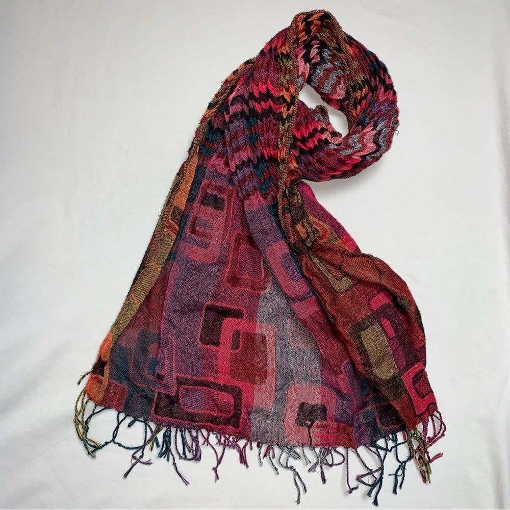 🆕 Fall Gorpcore Granolacore Cozy Scarf Colorful Knit Neck Wrap Fringe Earthtone